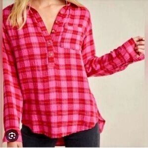 Anthropologie Isadora Red Pink Plaid Flannel Shirt Size Extra Small Front Pocket